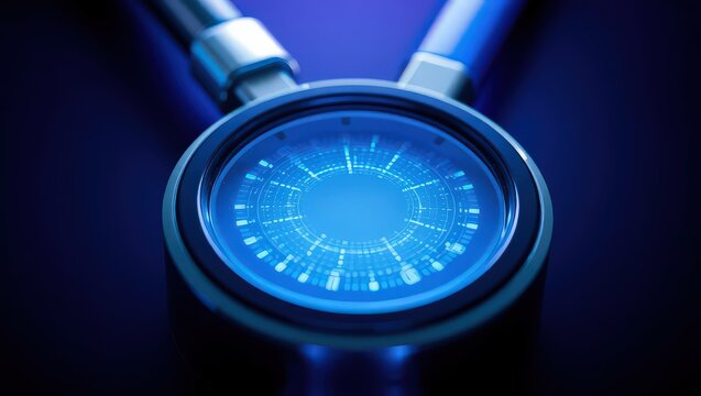 Close up of a round device with a blue glowing center and tubes attached on a dark background