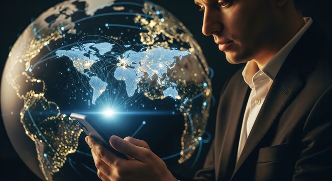Businessman with phone and holographic global network connection - Powered by Adobe