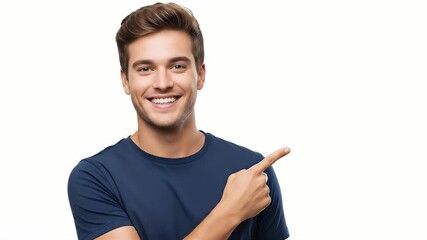 A handsome young man in a blue t-shirt smiling and pointing to the side at copy space on a white background. - Powered by Adobe