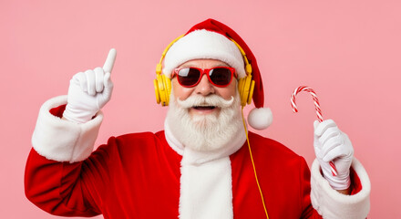 Joyful santa claus wearing sunglasses and headphones holding a candy cane and pointing up
