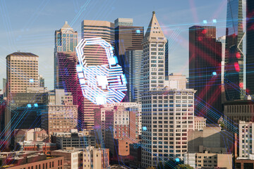 Seattle cityscape with futuristic hologram overlay, highlighting security and technology concept on urban background. Double exposure