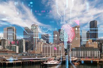 Seattle skyline with futuristic hologram overlay, cityscape, and water foreground. Cybersecurity and technology concept. Double exposure