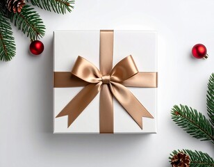 Minimal Christmas gift box with ribbon, flat holiday present icon, white background