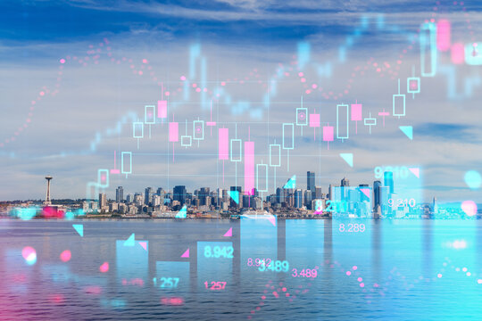 Double exposure of Seattle cityscape with futuristic hologram charts, urban technology concept. Double exposure