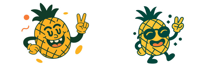 Retro cartoon pineapple characters with happy faces, making peace signs and wearing sunglasses in a vintage groovy style