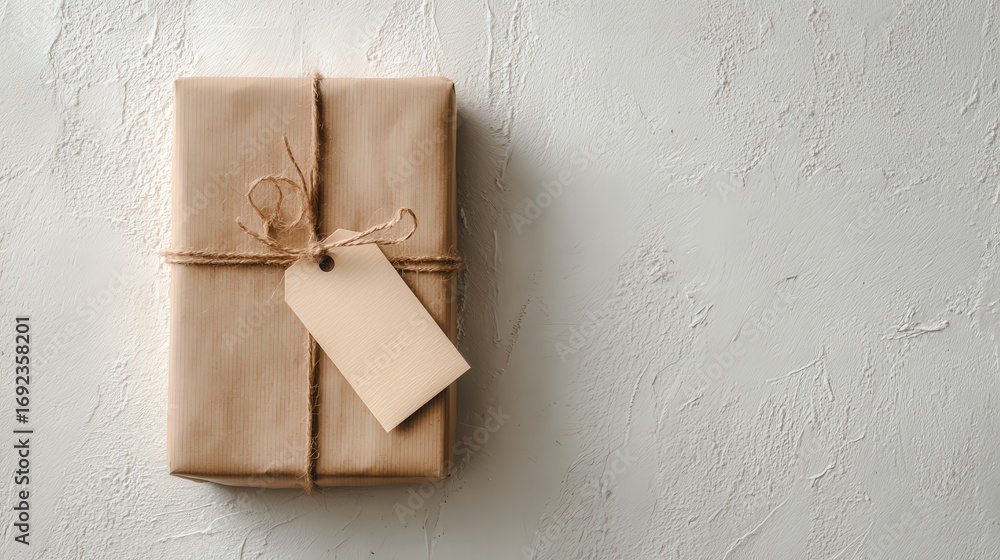 Poster a neatly wrapped gift with a blank tag on a textured surface.