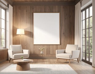 Modern Living Room with Blank Canvas and Armchairs for Interior Design Mockup.