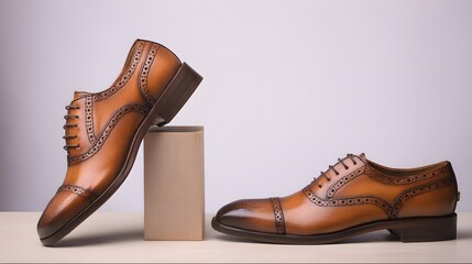 Obraz premium Handmade leather shoes displayed with meticulous craftsmanship on a neutral studio background.