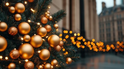 A beautifully decorated Christmas tree with golden ornaments shimmering against a blurred backdrop of warm lights, perfect for holiday-themed content, decorations, or festive marketing,