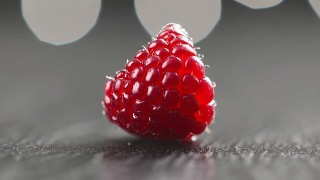 A single fresh raspberry stands upright on a smooth, dark surface, its vibrant red color and glossy texture highlighted by soft lighting. This close-up captures the berry&rsquo;s ripe beauty and natural det