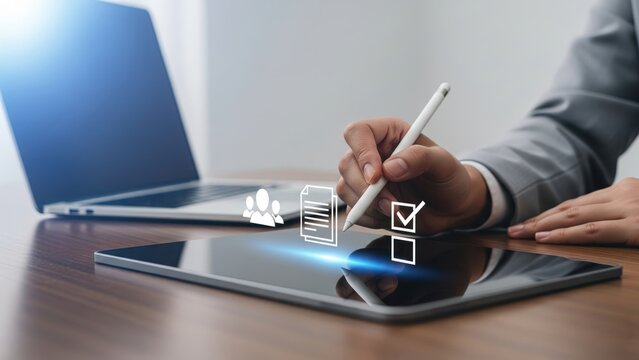 Person in light gray suit using stylus on tablet with holographic people documents and checkboxes icons, concept of applicant tracking and resume automation