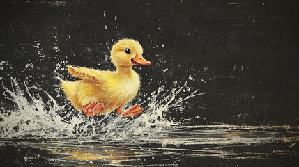 A joyful depiction of a lively yellow duckling playfully running through water, enjoying a splash of fun and freedom
