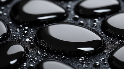 Macro Shot of Glossy Black Liquid Drops on Textured Surface 