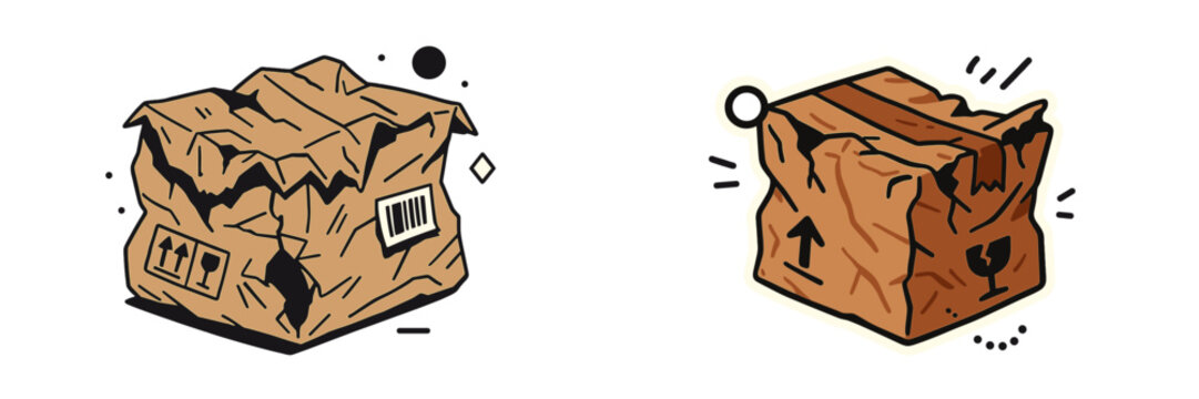 Two damaged cardboard shipping boxes with fragile and up arrows symbols and barcode labels indicating mishandling during delivery