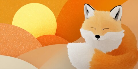 Minimalist art of curled sleeping fox with sunset backdrop evokes tranquility, warmth, and connection to nature for decor, branding, or wellness themes