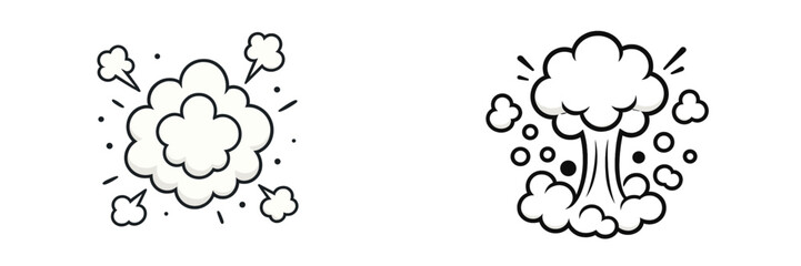 Dynamic set of cartoon smoke clouds and comic book explosion effects with black outlines for graphic design projects and game assets © Mark