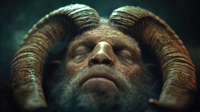 A close-up of an ancient, mythical figure with prominent horns exudes a mystical aura, This striking image can be used for fantasy-themed projects, mythology discussions, or artistic illustrations, - Powered by Adobe