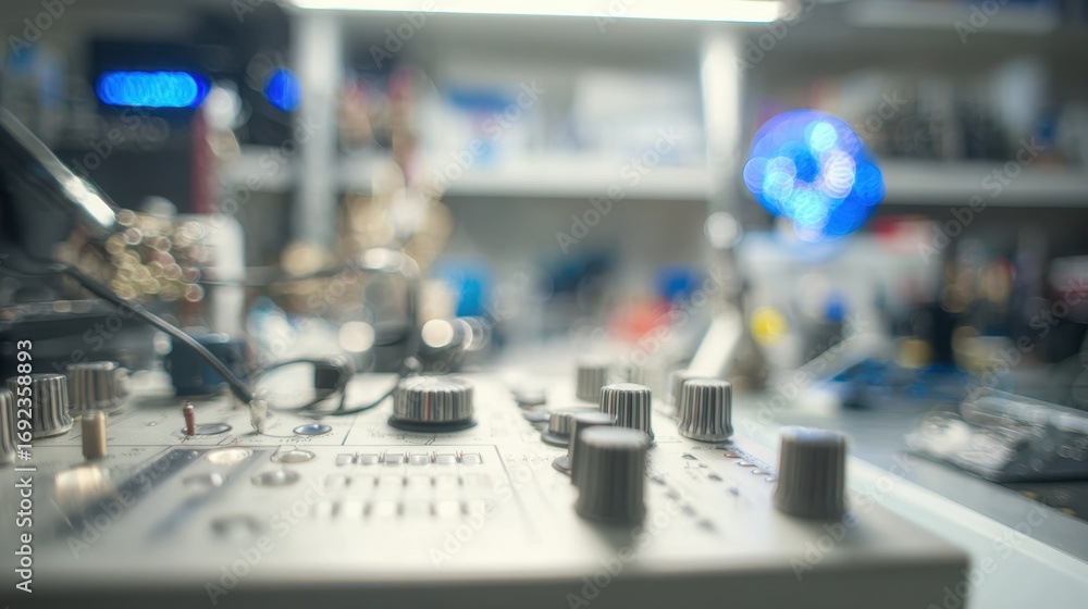 Poster focused medium shot of a digital oscilloscope knobs and buttons with the lab benchs blurred electron