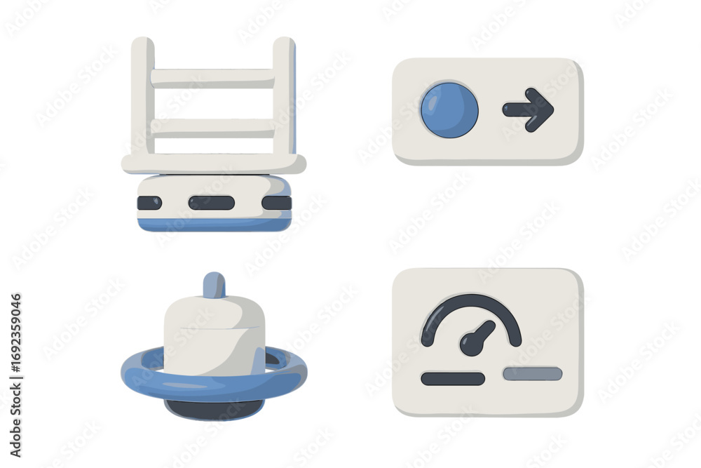 Poster icon set with ladder for career growth, arrow button for navigation, notification bell, and speedome