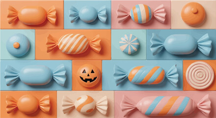 Festive assortment of colorful candies and Halloween treats arranged on a pastel grid