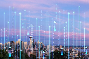 Seattle cityscape with futuristic holographic arrows and binary code overlay, at dusk. Digital...