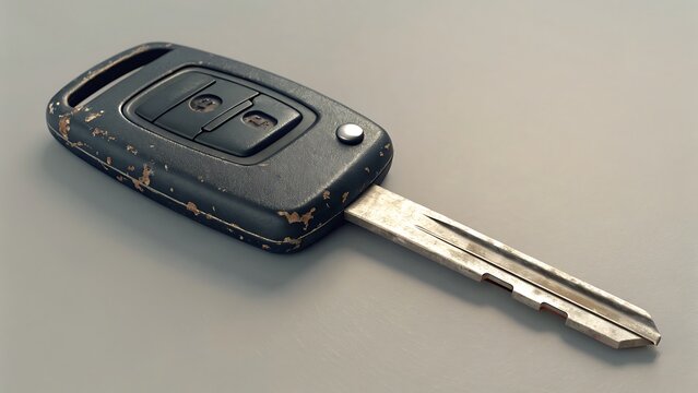 Closeup shot of a used car key with buttons lying on a wooden table. Perfect for automotive blogs or websites.