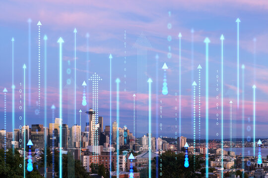 Seattle cityscape with futuristic holographic arrows and binary code overlay, at dusk. Digital enhancement concept. Double exposure
