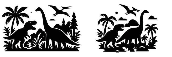 Dinosaur silhouette set with T-Rex, Brachiosaurus, and Pterodactyl in a prehistoric jungle landscape with palm trees