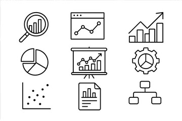 Data analysis and business intelligence icon set with charts graphs and reports for financial presentations