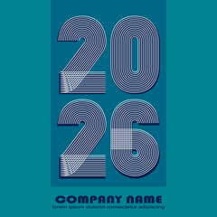 Modern minimal cover background with 2026 number in white thin lines striped isolated on blue geometric background. Graphic design vector illustration for Happy New Year Christmas Greeting Card Banner