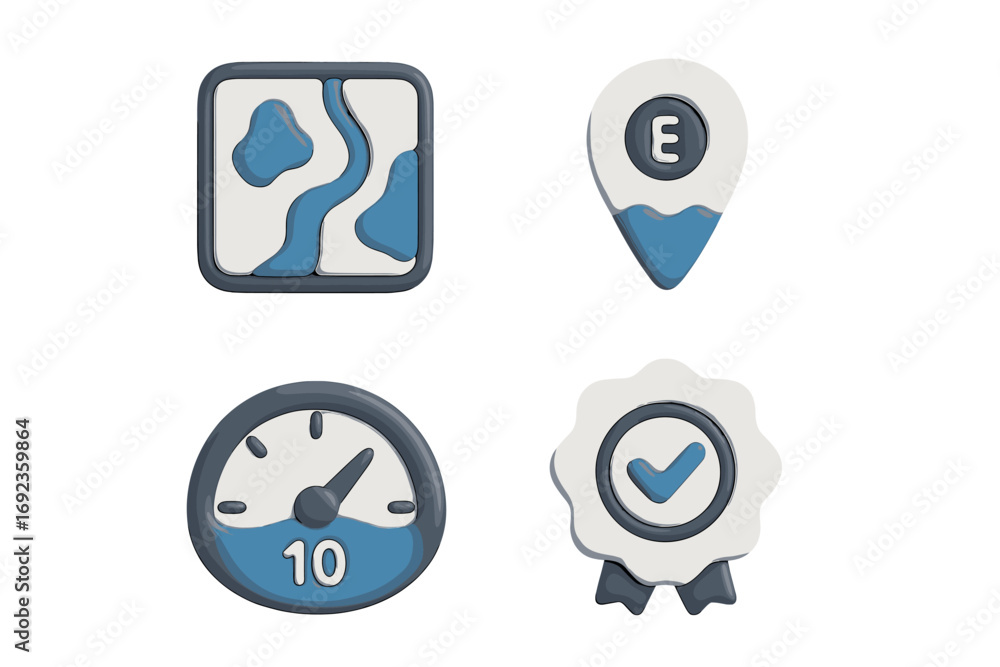 Poster set of 3d icons featuring a map, location pin, timer, and quality badge for user interface design is