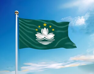 macau flag waving with blue sky background