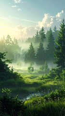 Fototapeta premium Serene forest wallpaper with mist and soft sunlight, ideal for calming backgrounds, meditation visuals, and nature-inspired wall decor.