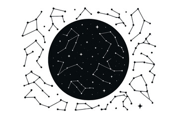Minimalist black and white celestial star map with the twelve zodiac constellations arranged in a circle for astrology and astronomy concepts