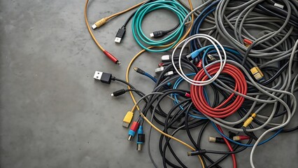 Tangled colorful cords and cables suitable for technology, organization, connectivity, and abstract concepts related to wires and storage solutions.