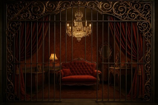 An ornate gilded cage encloses a luxurious red velvet couch and chandelier, creating a juxtaposition of opulence and confinement