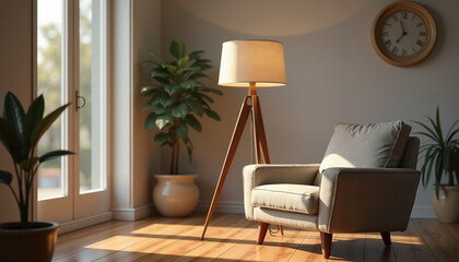 Fototapeta premium Cozy living room with armchair and floor lamp beside plants 