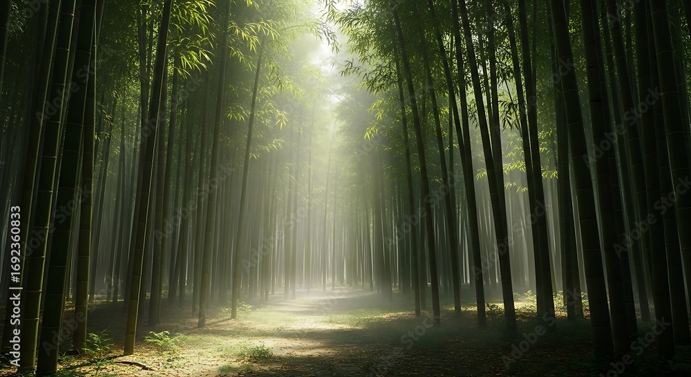 Poster sunlight streaming through a dense bamboo forest creating a serene and mystical atmosphere