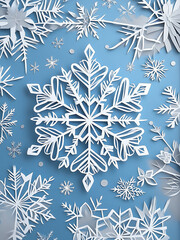 A collection of intricately crafted paper snowflakes arranged on a blue background, showcasing detailed winter-themed designs perfect for holiday decoration and seasonal art projects.