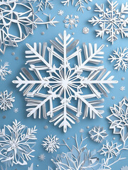 A collection of intricately crafted paper snowflakes arranged on a blue background, showcasing detailed winter-themed designs perfect for holiday decoration and seasonal art projects.