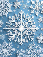 A collection of intricately crafted paper snowflakes arranged on a blue background, showcasing detailed winter-themed designs perfect for holiday decoration and seasonal art projects.