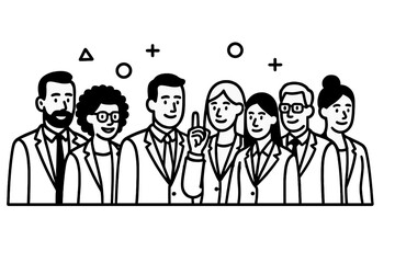 Diverse group of business professionals standing together as a team in a minimalist black and white line art style for corporate concepts