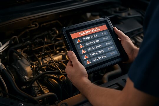 Mechanic using diagnostic tool to check car engine for problems, showcasing automotive maintenance and repair in a modern setting
