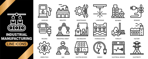 Industrial manufacturing icon set collection in outline style. an icon pack containing icons of factory, robot arm, assembly line, construction worker, car manufacturing and more.