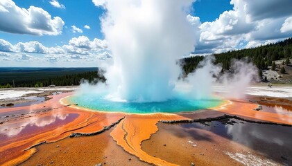 Spectacular eruption of Old Faithful geyser in Yellowstone National Park, hot water, steam, and vibrant colors create a breathtaking natural spectacle , volcano, old faithful, majestic
