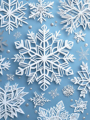 A collection of intricately crafted paper snowflakes arranged on a blue background, showcasing detailed winter-themed designs perfect for holiday decoration and seasonal art projects.