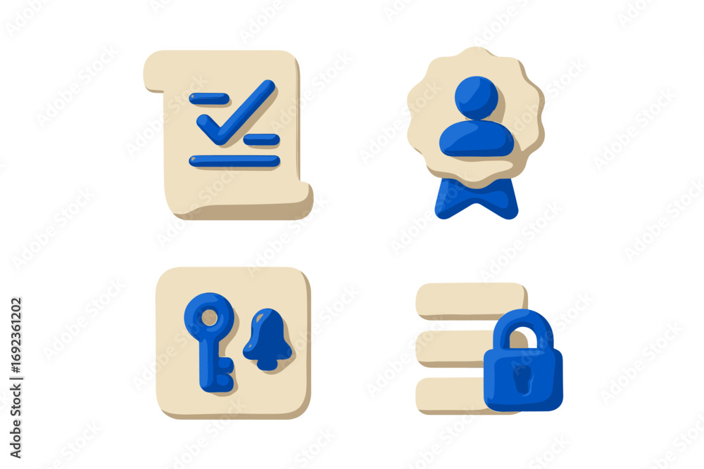 Poster user interface elements for security and privacy featuring account verification symbols like a padlo