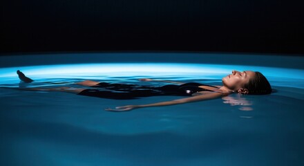 Serene woman relaxing while floating in calm blue water