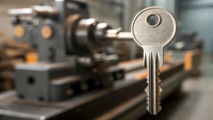 Silver key rests in front of a blurred metal lathe. Ideal for locksmith services or industrialthemed designs, machinist concepts.