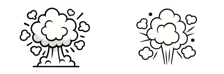 Set of two monochrome comic book style explosion icons with smoke clouds and a mushroom cloud shape on a white background